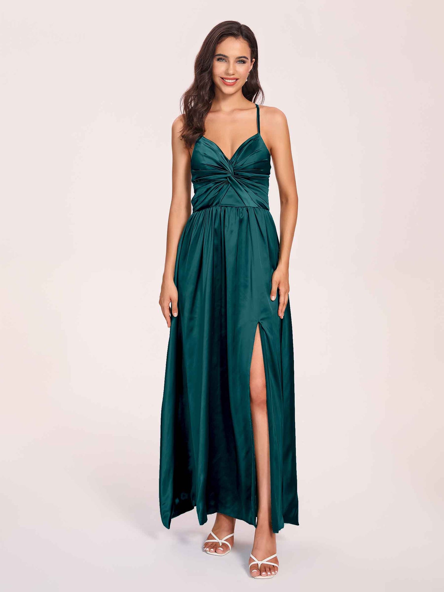 Satin Spaghetti Straps A-line Bridesmaid Dresses Side Slit Floor Length
