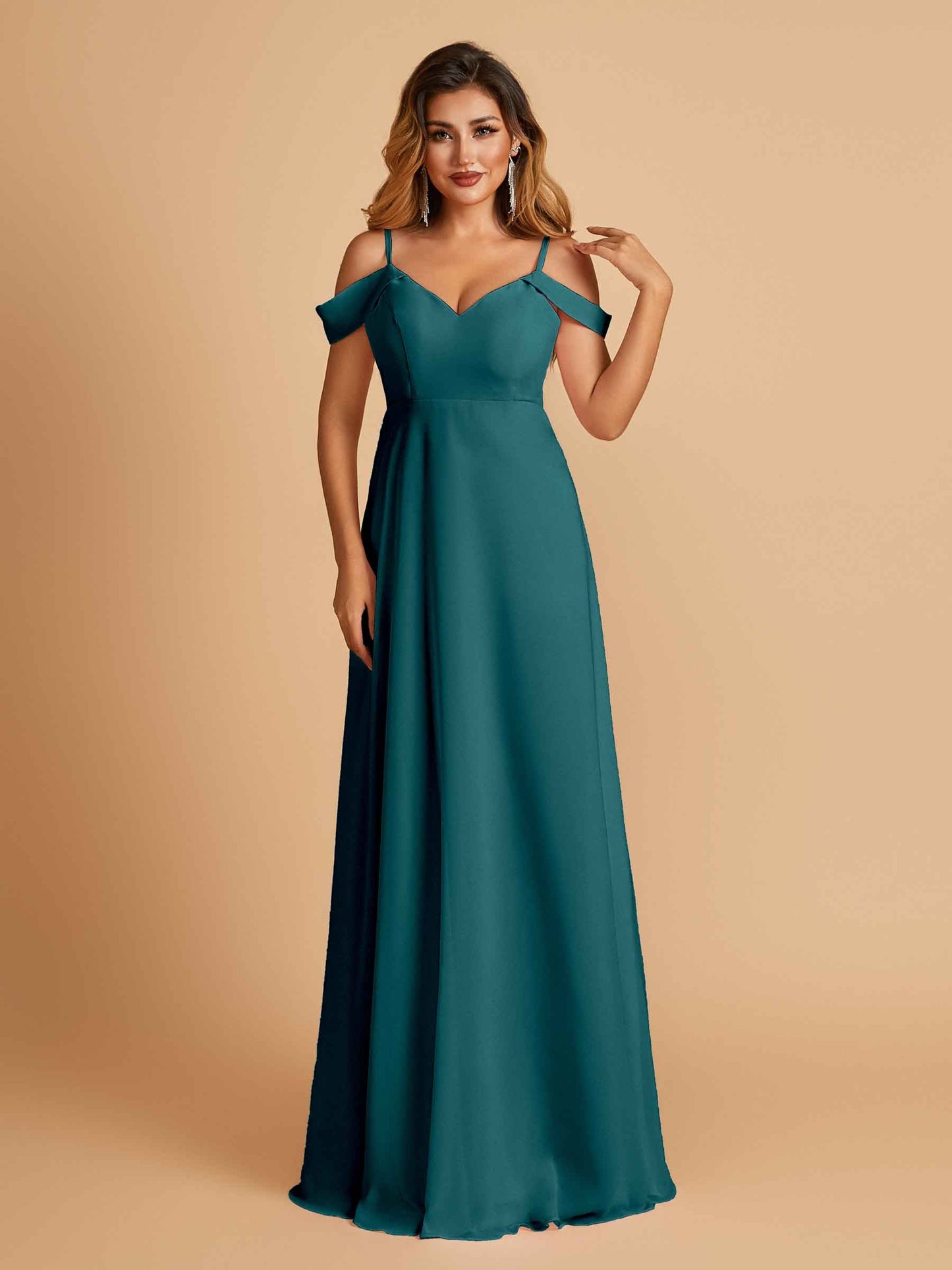 Chiffon Off-shoulder Long Bridesmaid Dresses V-neck Floor Length A-line For Sale