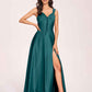 Satin V-neck A-line Prom Dresses Side slit Floor Length