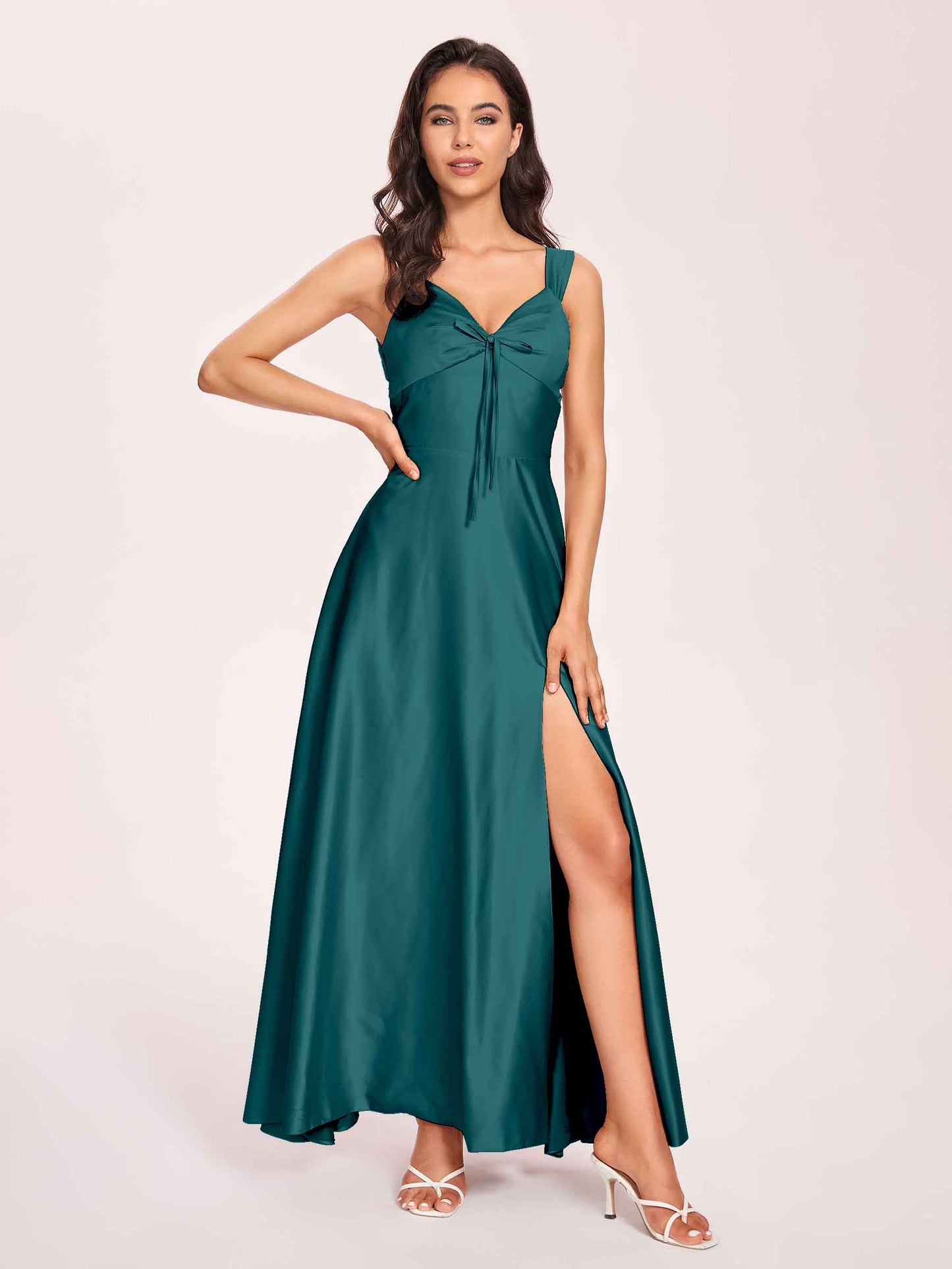 Satin V-neck A-line Prom Dresses Side slit Floor Length