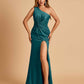 Unique Satin One Shoulder Sheath Bridesmaid Dresses Open Back Side Slit Floor Length
