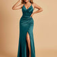 Sexy Satin Sheath Bridesmaid Dresses Spaghetti Straps V-neck Side Slit Pleats Floor Length For Sale