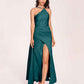 Sexy Satin Halter Strap Sheath Prom Dresses Side Slit Pleats Floor Length