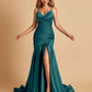 Sexy Satin Mermaid Open Back Prom Dresses Spaghetti Straps V-neck Side Slit