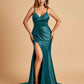 Satin Mermaid V-neck Bridesmaid Dresses Spaghetti Straps Side Slit Floor Length