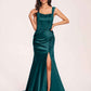 Sexy Satin Square Mermaid Bridesmaid Dresses Pleats Side-Slit Floor-Length Sleeveless