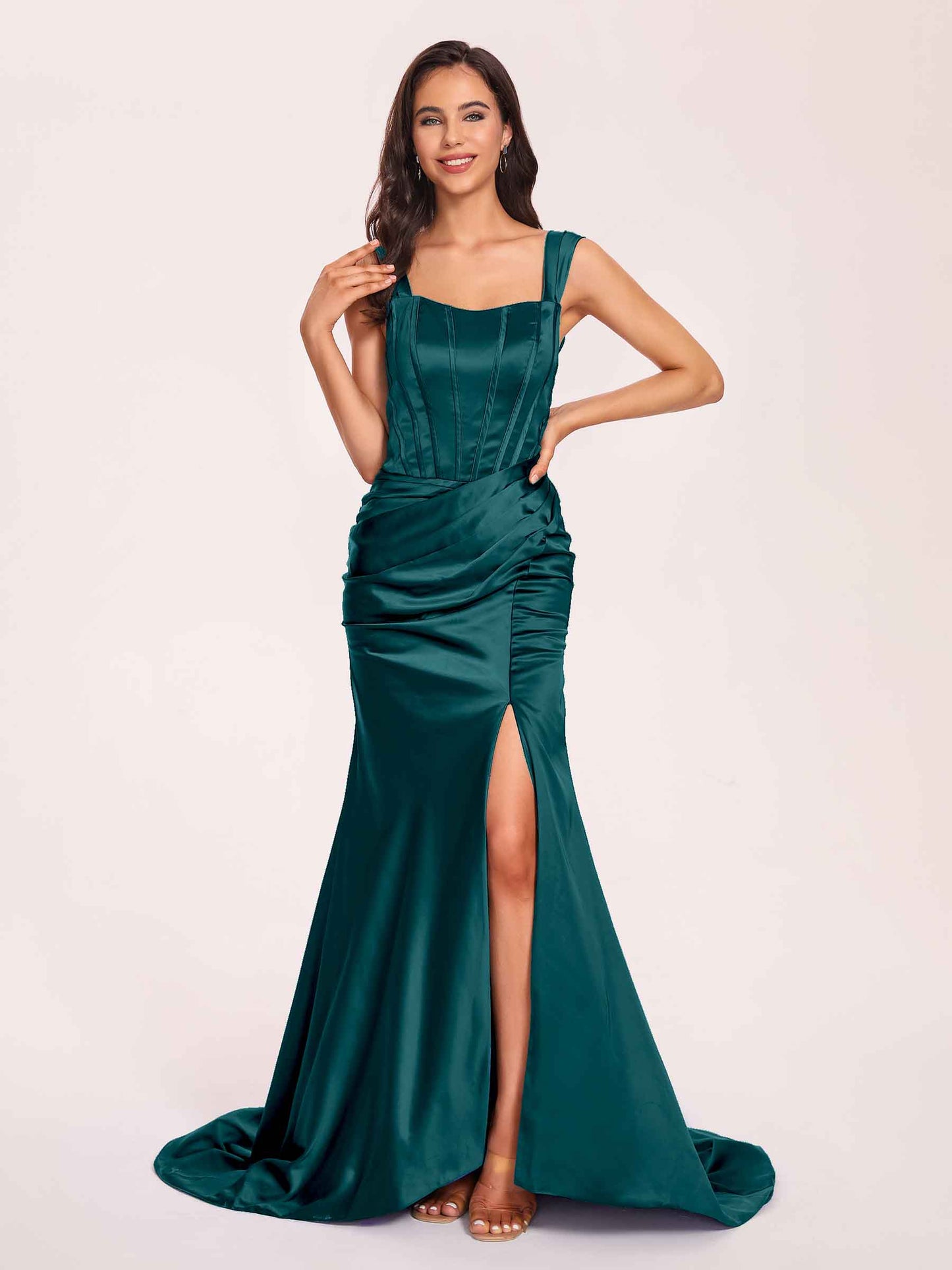 Sexy Satin Square Mermaid Bridesmaid Dresses Pleats Side-Slit Floor-Length Sleeveless