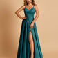 Satin A-line Long Prom Dresses Spaghetti Straps V-neck Side Slit Floor Length