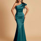 Satin One-shoulder Bridesmaid Dresses Ruffle Sleeves Mermaid Floor Length For Sale
