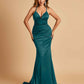Satin Mermaid Open-back Prom Dresses Spaghetti Straps V-neck With Pleats Floor Length