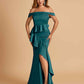 Satin Mermaid Off Shoulder Bridesmaid Dresses With Ruffles Side Slit Floor Length