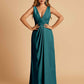 Sexy Satin Deep V-neck Long Bridesmaid Dresses A-line Pleats Sleeveless Floor Length
