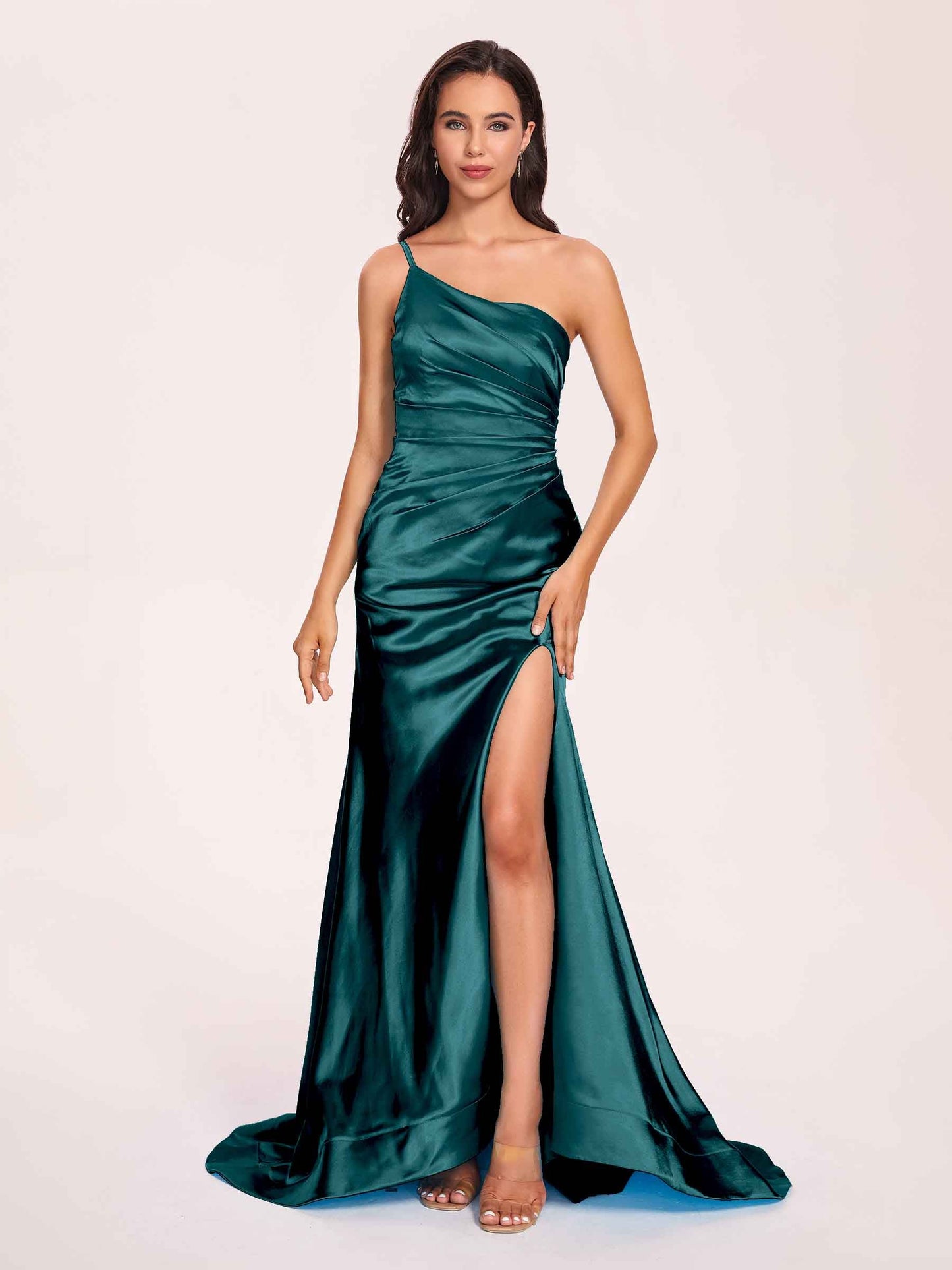 Satin One-shoulder Mermaid Prom Dresses Side Slit Pleats Floor Length
