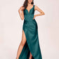 Satin Spaghetti Straps Corset Bridesmaid Dresses Pleats Side-Slit Sheath Floor Length
