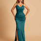 Satin Mermaid Long Bridesmaid Dresses Spaghetti Straps V-neck Side Slit Floor Length For Sale