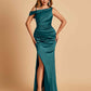 Unique Satin One Shoulder Prom Dresses Side Slit Half Open Back Floor Length