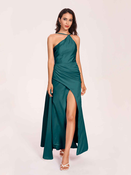 Sexy Satin Halter Strap Sheath Bridesmaid Dresses Side Slit Pleats Floor Length