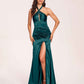 Sexy Satin Halter Long Bridesmaid Dresses Side Slit Pleats Floor Length Sheath