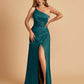 Satin One Shoulder Sheath Prom Dresses Spaghetti Straps Side Slit Floor Length