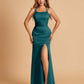 Satin Mermaid Long Bridesmaid Dresses Spaghetti Straps Scoop Side Slit Criss-cross Back