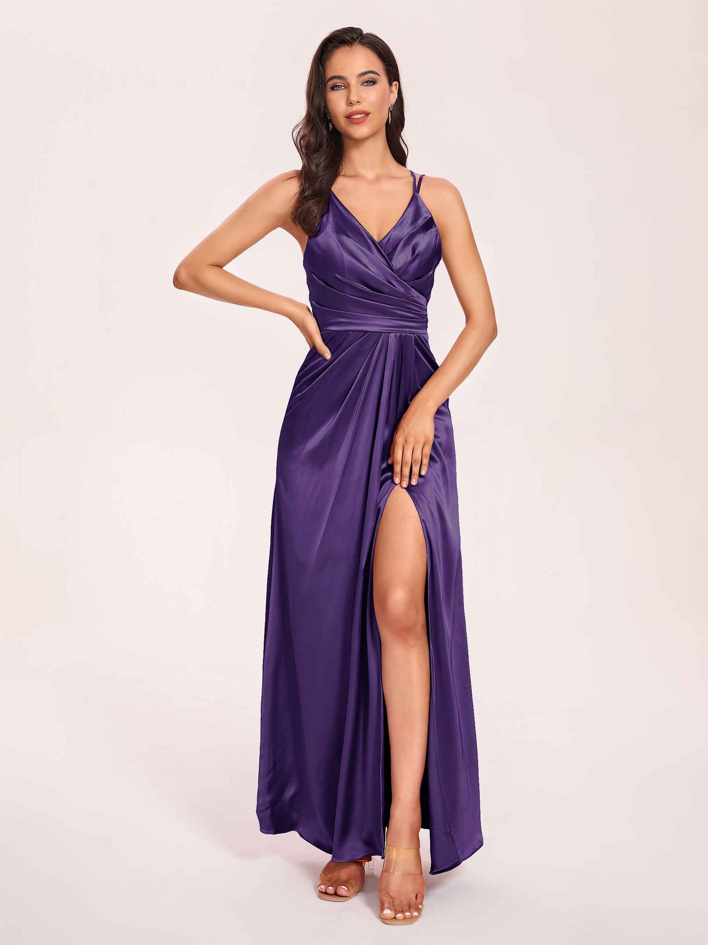 Sexy Satin A-line Bridesmaid Dresses Spaghetti Straps Side Slit V-neck Floor Length