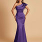 Satin One-shoulder Bridesmaid Dresses Ruffle Sleeves Mermaid Floor Length For Sale