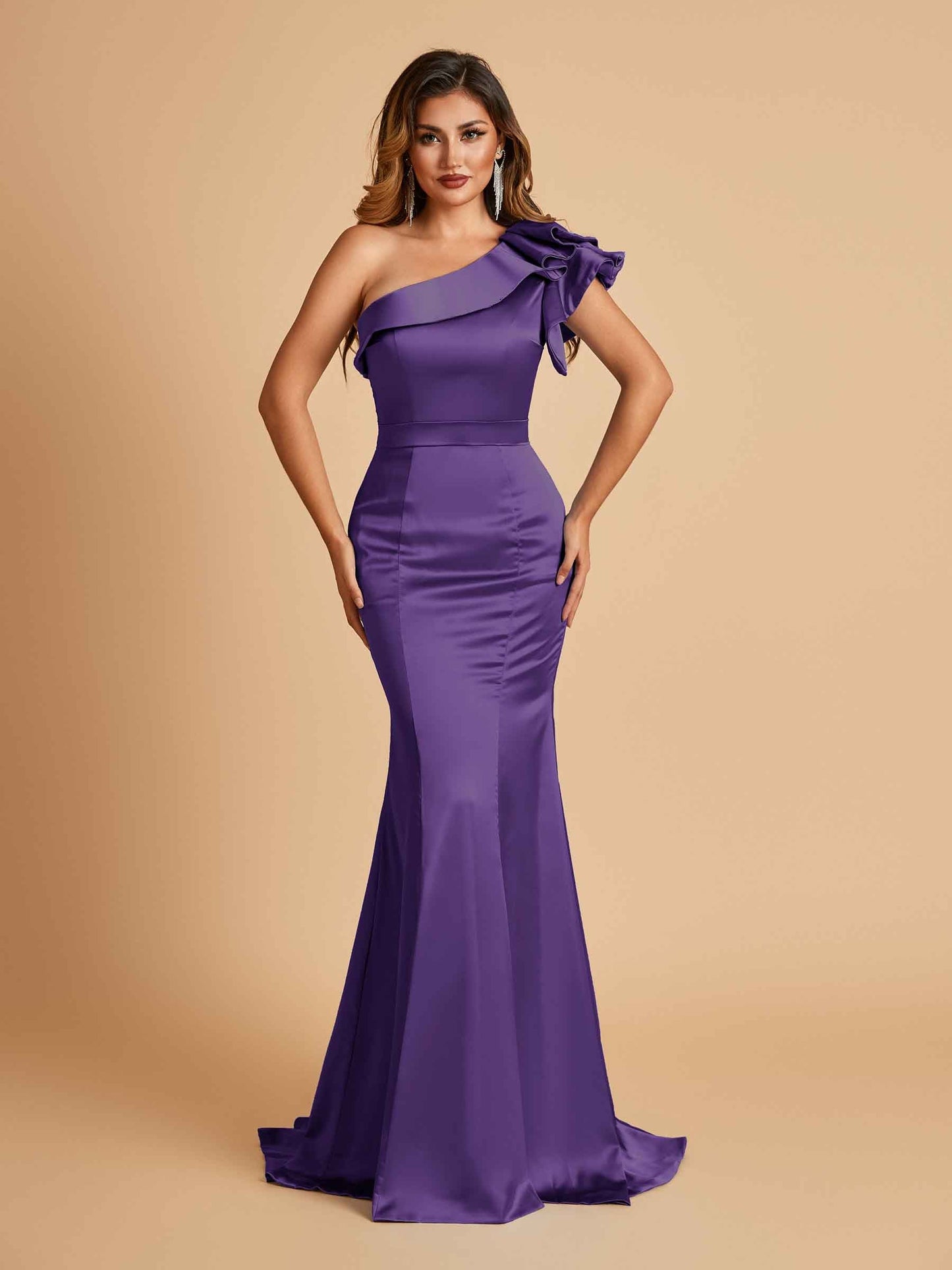 Satin One-shoulder Bridesmaid Dresses Ruffle Sleeves Mermaid Floor Length For Sale