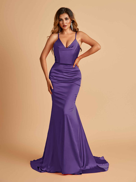Sexy Satin Mermaid Bridesmaid Dresses Spaghetti Straps V-neck Pleats Floor Length