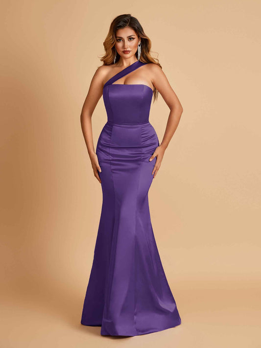 Sexy Satin Mermaid Prom Dresses One Shoulder Floor Length