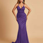 Satin Mermaid Open-back Prom Dresses Spaghetti Straps V-neck With Pleats Floor Length