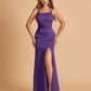 Satin Mermaid Long Bridesmaid Dresses Spaghetti Straps Scoop Side Slit Criss-cross Back For Sale