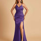 Sexy Satin Mermaid Long Prom Dresses Spaghetti Straps Sweetheart Side Slit Criss-cross Back