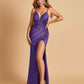 Sexy Satin Spaghetti Straps Bridesmaid Dresses V-neck Side Slit Pleats Floor Length Sheath