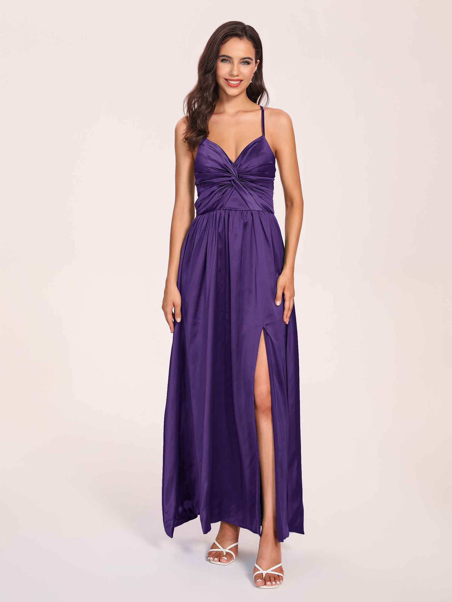 Satin Spaghetti Straps A-line Bridesmaid Dresses Side Slit Floor Length