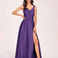 Satin V-neck A-line Prom Dresses Side slit Floor Length