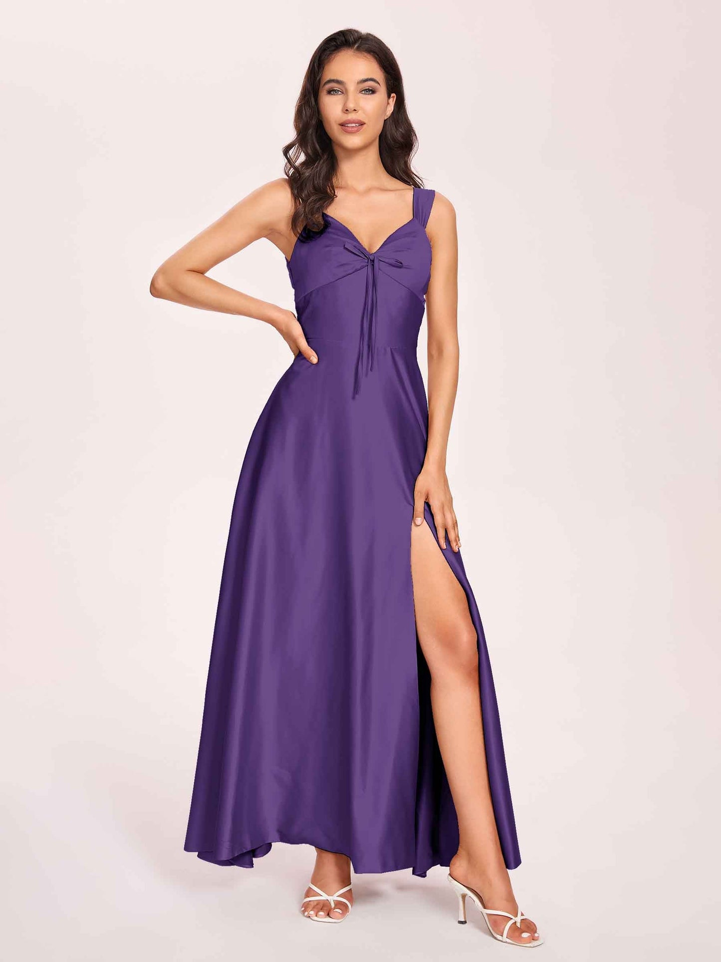 Satin V-neck A-line Prom Dresses Side slit Floor Length