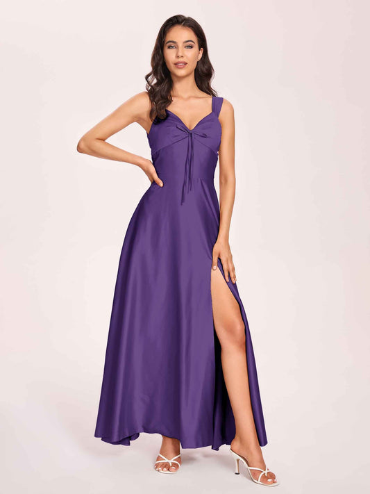 Satin V-neck A-line Prom Dresses Side slit Floor Length