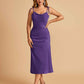 Sexy Satin Midi Bridesmaid Dresses Spaghetti Straps Slip Scoop Side Slit