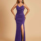 Sexy Satin Mermaid Bridesmaid Dresses Spaghetti Straps V-neck Side Slit Floor Length