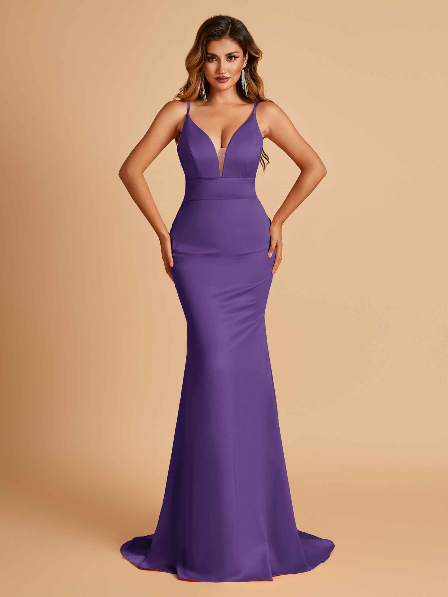 Satin Deep V-neck Mermaid Bridesmaid Dresses Open Back Floor Length