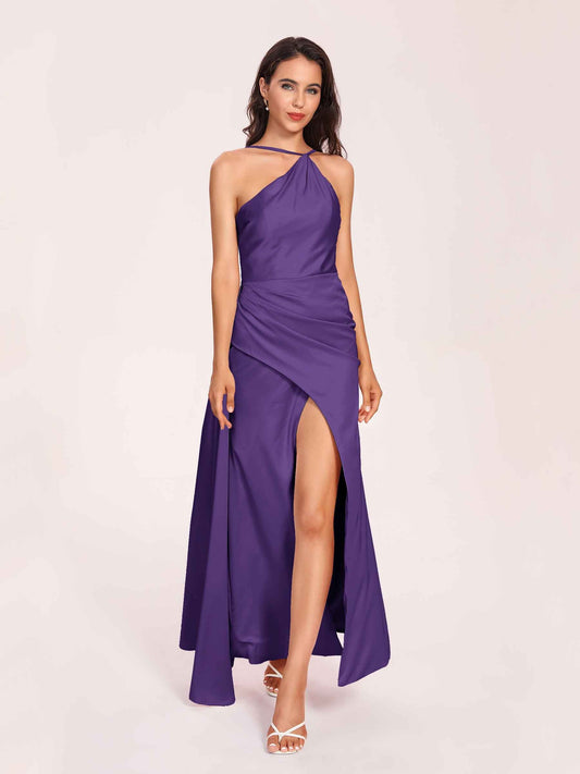Sexy Satin Halter Strap Sheath Prom Dresses Side Slit Pleats Floor Length