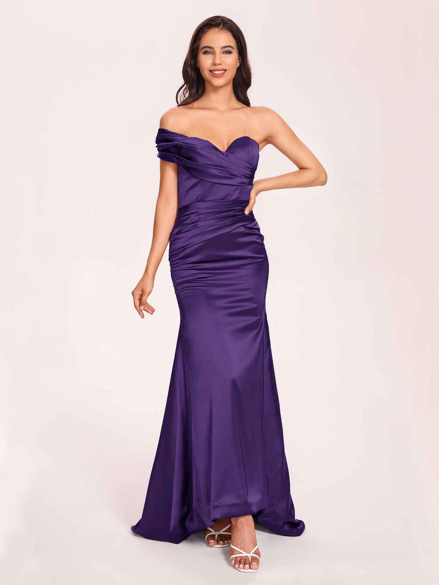 Satin One-shoulder Bridesmaid Dresses Pleats Floor Length Mermaid Long