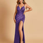 Sexy Satin Spaghetti Straps Prom Dresses V-neck Side Slit Pleats Floor Length Sheath