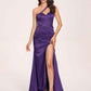 Sexy Satin One-shoulder Prom Dresses Side Slit Sheath Floor Length Long