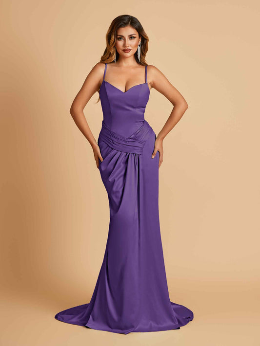 Satin Mermaid Sweetheart Bridesmaid Dresses Spaghetti Straps With Pleats Floor Length