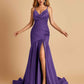 Sexy Satin Mermaid Open Back Prom Dresses Spaghetti Straps V-neck Side Slit