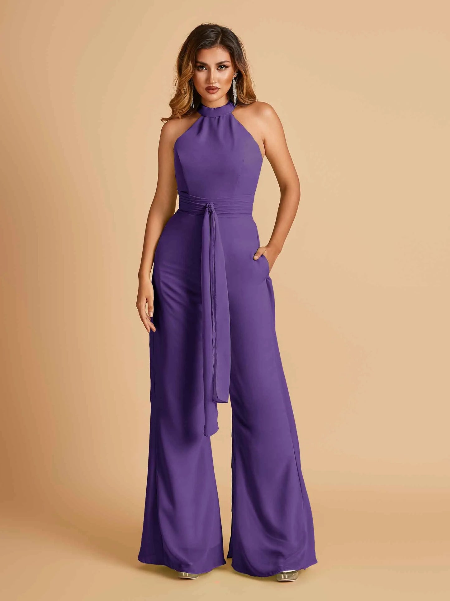 Chiffon Bridesmaid Jumpsuit Jewel Neck Sleeveless Floor Length With Pockets For Sale