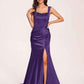 Sexy Satin Square Mermaid Prom Dresses Pleats Side-Slit Floor-Length Sleeveless