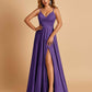 Satin A-line Long Prom Dresses Spaghetti Straps V-neck Side Slit Floor Length