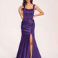 Sexy Satin Square Mermaid Bridesmaid Dresses Pleats Side-Slit Floor-Length Sleeveless